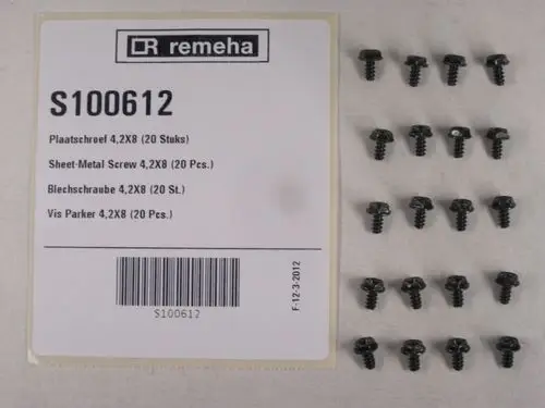 Schwarze Blechschrauben in 20er-Packung, sortiert auf Karte mit Marke Remeha. Schrauben besitzen eine flache Oberseite und eine gezahnte Gewindeform.